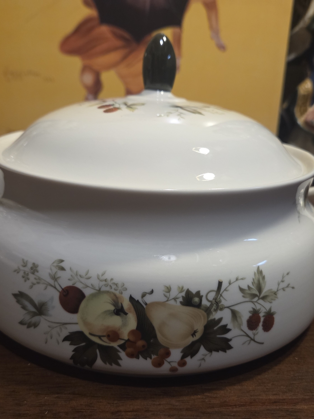 Royal Doulton White Covered Serving Bowl with Fruit Motif and Green Finial